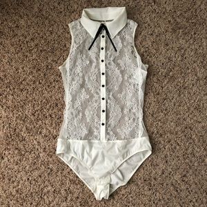 Chantal Thomas Tuxedo Lace Bow Tie Collar Bodysuit